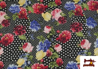 Tissu Crêpon à Pois et Fleurs Sévillanes couleur Noir Tissu Crêpon à Pois et Fleurs Sévillanes couleur Noir