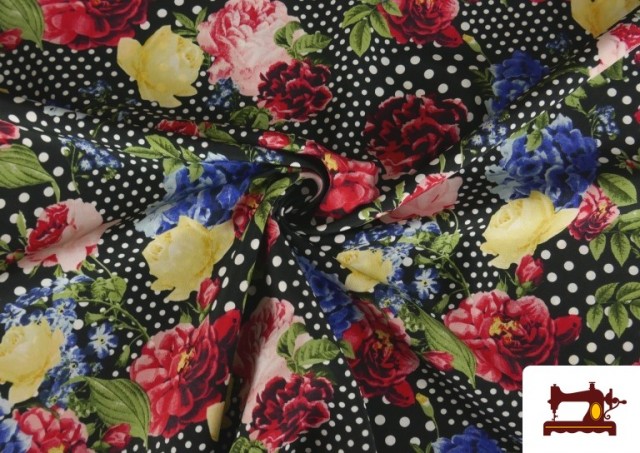 Acheter en ligne Tissu Crêpon à Pois et Fleurs Sévillanes couleur Noir