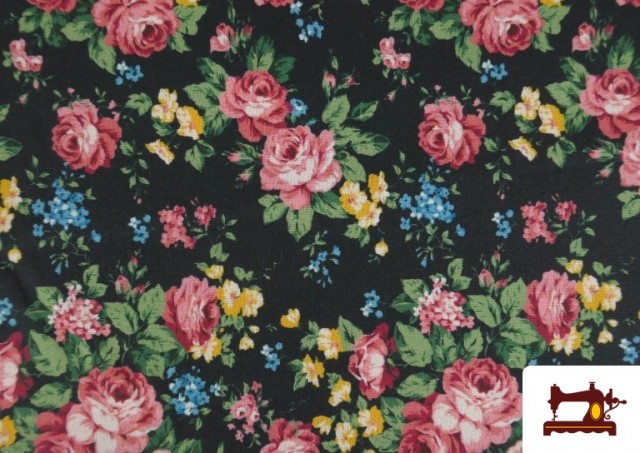 Acheter en ligne Tissu Tissu Popeline Fleurs Roses et Bleues