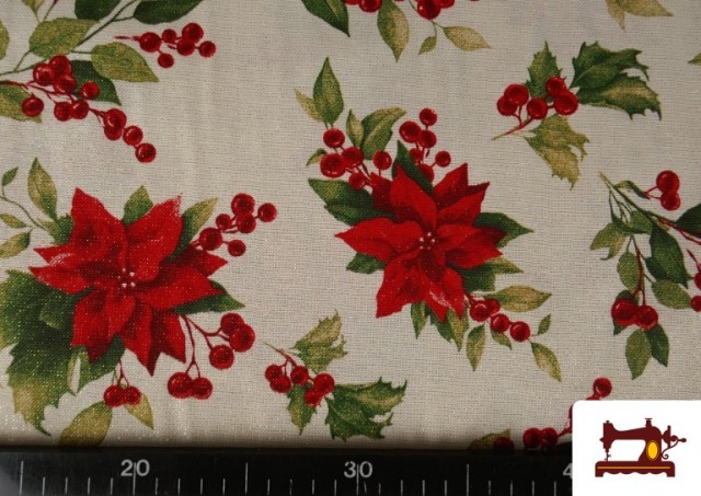 Tissu Toile Imprimée Fleur de Noël Fil Métallisé Largeur 140