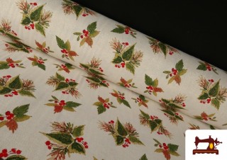 Tissu Toile Imprimée Feuilles de Noël Fil Métallisé Largeur 140