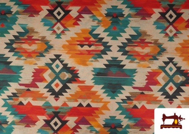 Acheter Tissu Toile Imprimée Ethnique Orange et Turquoise