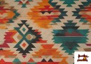 Vente de Tissu Toile Imprimée Ethnique Orange et Turquoise