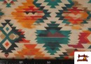 Acheter en ligne Tissu Toile Imprimée Ethnique Orange et Turquoise