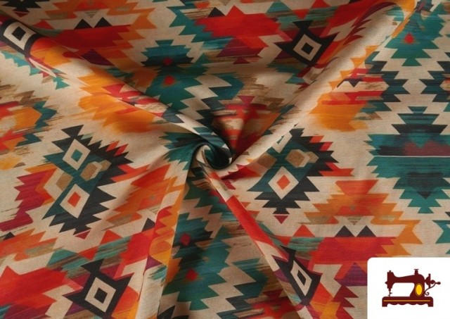 Vente en ligne de Tissu Toile Imprimée Ethnique Orange et Turquoise