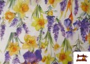 Vente de Tissu Toile Imprimé Fleurs Lilas et Jaunes