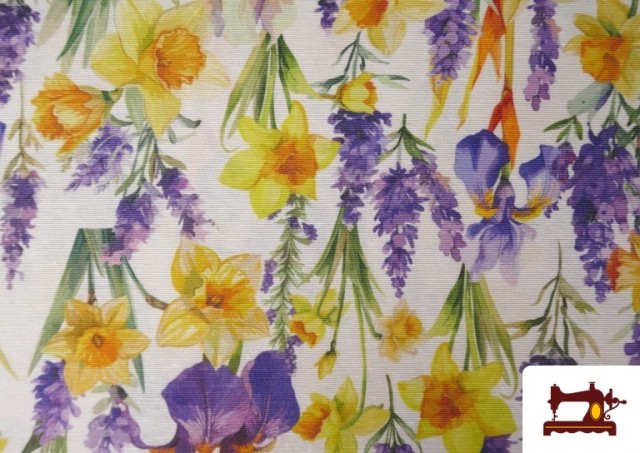 Vente de Tissu Toile Imprimé Fleurs Lilas et Jaunes