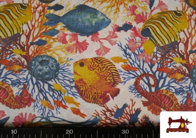 Acheter en ligne Tissu en Canvas avec Imprimé Poissons Corail Multicolore