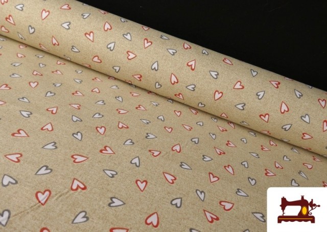 Tissu en Canvas Beige avec Coeurs Largeur 140 cm