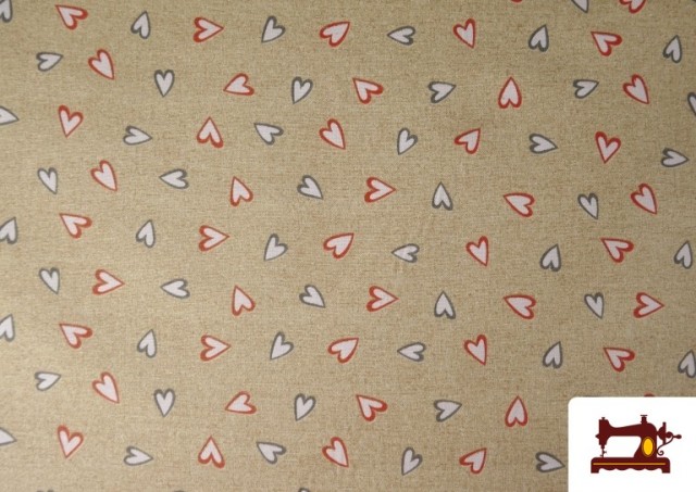 Acheter Tissu en Canvas Beige avec Coeurs Largeur 140 cm