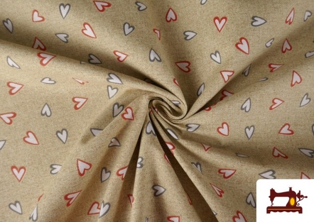 Acheter en ligne Tissu en Canvas Beige avec Coeurs Largeur 140 cm