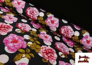 Tissu Noir pour Vêtements Flamenco avec Fleurs Roses et Pois couleur Noir