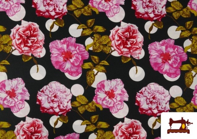 Acheter Tissu Noir pour Vêtements Flamenco avec Fleurs Roses et Pois couleur Noir