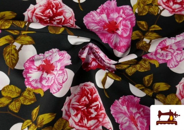 Vente en ligne de Tissu Noir pour Vêtements Flamenco avec Fleurs Roses et Pois couleur Noir