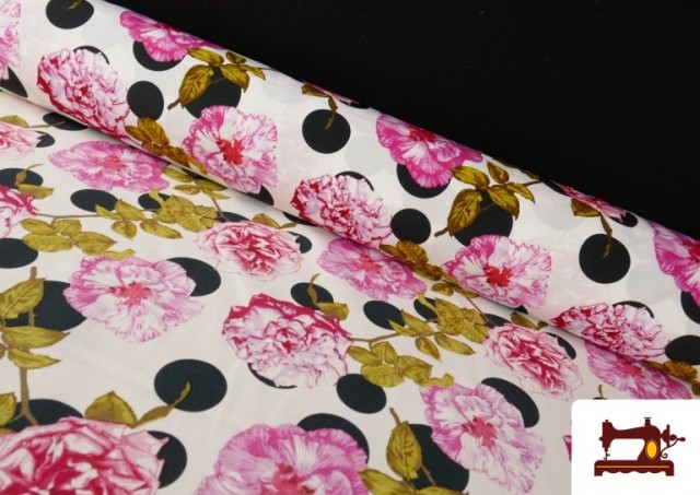 Tissu Noir pour Vêtements Flamenco avec Fleurs Roses et Pois couleur Blanc