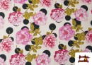 Tissu Noir pour Vêtements Flamenco avec Fleurs Roses et Pois couleur Blanc