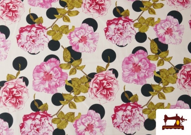 Tissu Noir pour Vêtements Flamenco avec Fleurs Roses et Pois couleur Blanc