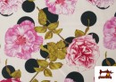 Acheter Tissu Noir pour Vêtements Flamenco avec Fleurs Roses et Pois couleur Blanc