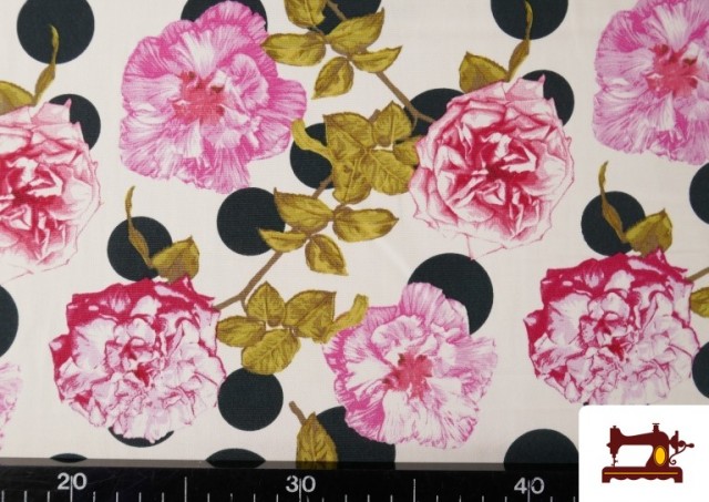Vente de Tissu Noir pour Vêtements Flamenco avec Fleurs Roses et Pois couleur Blanc
