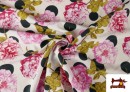 Acheter en ligne Tissu Noir pour Vêtements Flamenco avec Fleurs Roses et Pois couleur Blanc