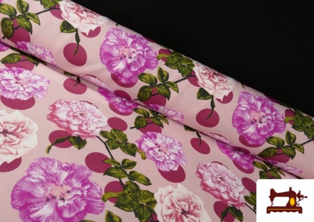 Vente en ligne de Tissu Noir pour Vêtements Flamenco avec Fleurs Roses et Pois couleur Grenat