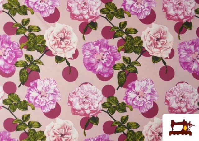 Tissu Noir pour Vêtements Flamenco avec Fleurs Roses et Pois couleur Grenat