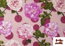 Tissu Noir pour Vêtements Flamenco avec Fleurs Roses et Pois couleur Grenat
