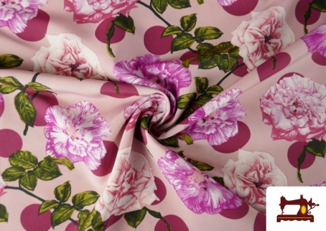 Acheter Tissu Noir pour Vêtements Flamenco avec Fleurs Roses et Pois couleur Grenat