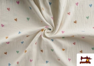 Acheter en ligne Tissu Mousseline de Coton à Petits Cœurs Colorés