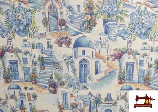 Acheter en ligne Tissu en Gobelin Tissé avec Imprimé Santorin Grèce