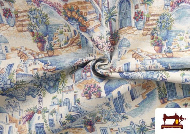Tissu en Gobelin Tissé avec Imprimé Santorin Grèce