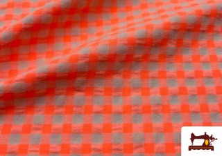 Acheter en ligne Tissu à carreaux vichy fluo et couleurs froissé Seersucker couleur Naranja flúor