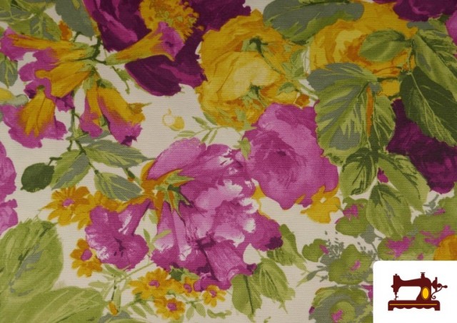 Vente de Tissu à Grandes Fleurs Violettes et Jaunes