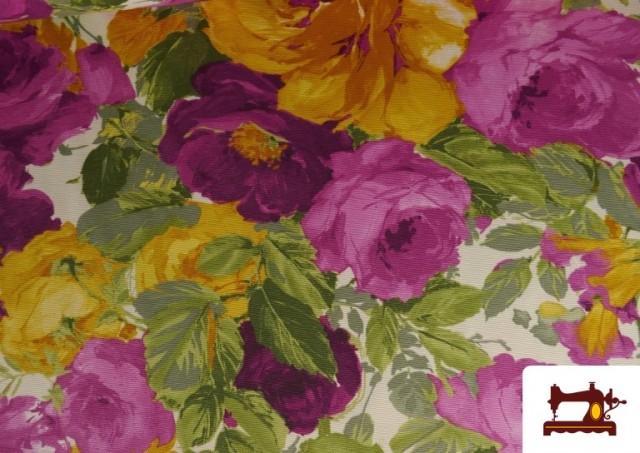 Acheter en ligne Tissu à Grandes Fleurs Violettes et Jaunes