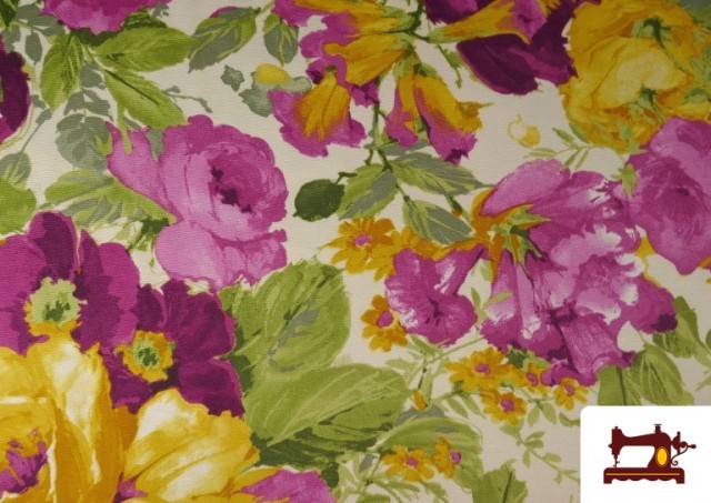 Tissu à Grandes Fleurs Violettes et Jaunes