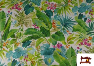 Tissu de Loneta Feuilles Tropicales et Fleurs