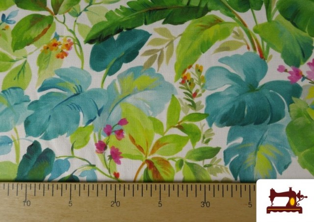 Acheter en ligne Tissu de Loneta Feuilles Tropicales et Fleurs