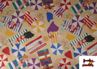 Tissu de Loneta Imprimé Femmes à la Plage et Parasols