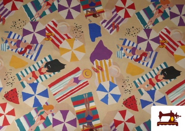 Tissu de Loneta Imprimé Femmes à la Plage et Parasols