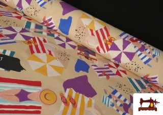 Acheter Tissu de Loneta Imprimé Femmes à la Plage et Parasols