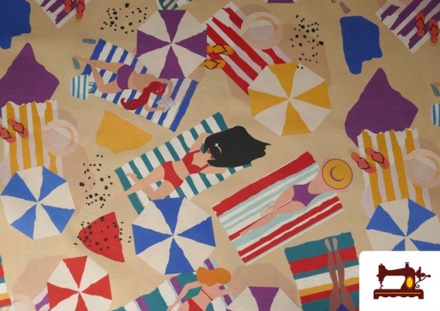 Vente de Tissu de Loneta Imprimé Femmes à la Plage et Parasols