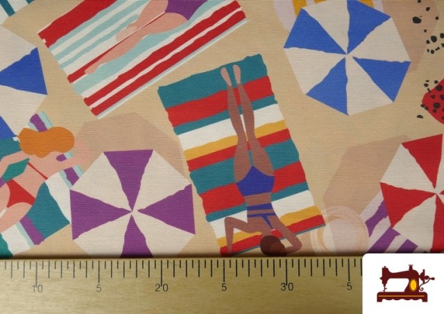Acheter en ligne Tissu de Loneta Imprimé Femmes à la Plage et Parasols
