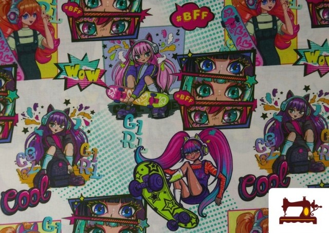 Vente de Tissu en coton d'anime style comic multicolore