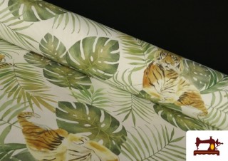 Tissu Loneta Imprimé Tigres et Feuilles Tropicales