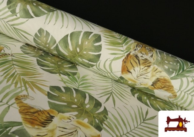 Tissu Loneta Imprimé Tigres et Feuilles Tropicales