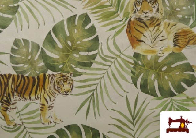 Vente de Tissu Loneta Imprimé Tigres et Feuilles Tropicales