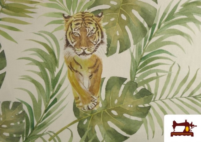 Vente en ligne de Tissu Loneta Imprimé Tigres et Feuilles Tropicales