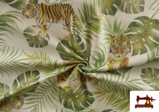 Tissu Loneta Imprimé Tigres et Feuilles Tropicales