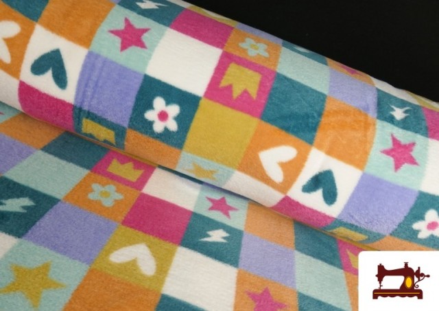 Tissu Coraline Polaire Douce au Toucher Imprimé Carreaux, Cœurs et Fleurs