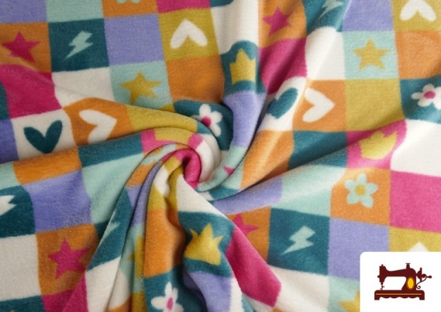 Acheter en ligne Tissu Coraline Polaire Douce au Toucher Imprimé Carreaux, Cœurs et Fleurs